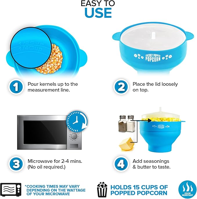 Silicone Microwave Popcorn Popper (Blue) Air Popper Popcorn Maker No Oil Required, Collapsible Pop-Corn bowl with Lid, Reusable, BPA-Free, Dishwasher Safe