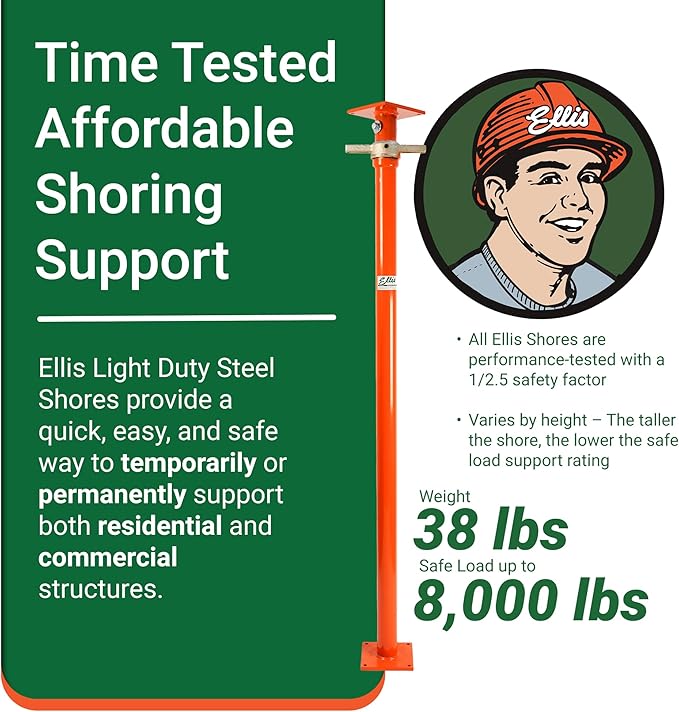 Ellis Manufacturing Light-Duty Steel Construction Jack - Adjustable Screw Jack Post for Floor Leveling, Beams, and Concrete - 8,000 lb Load Capacity - 61"-85" Adjustment, House Jacks for Leveling