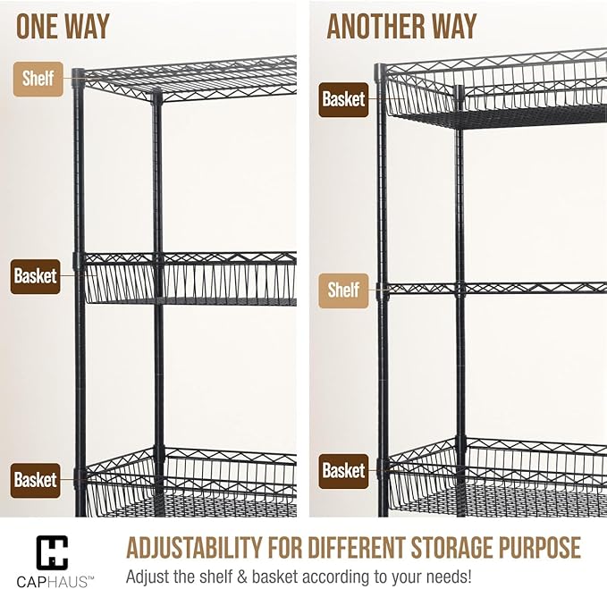 CAPHAUS NSF Adjustable 6 Tier Wire Shelving Unit w/Basket & Liner, Metal Storage Rack Corner Shelves, Storage Rack for Kitchen, Bathroom, Laundry Closet, Metal Wire Shelving w/Basket Shelves Silver