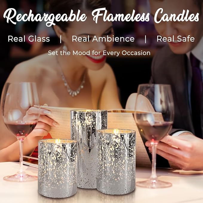 Rechargeable Flameless Candle, Flickering LED Pillar Glass Fake Candle with Remote and Timer, Built-in Battery Real Wax Electronic Candle for Room Decoration, Set of 3