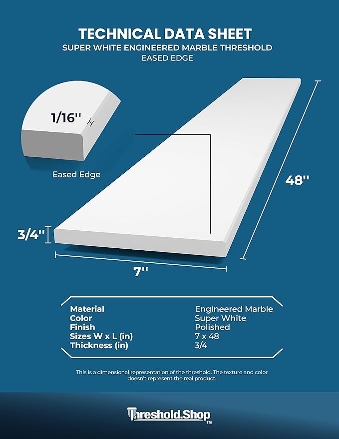 Super White Engineered Marble Threshold for Shower Curb, Bathroom Vanity Backsplash, Window Sill, Door Transitions (7" x 48")