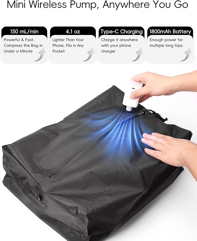 Travel Vacuum Bags with Wireless Pump, Reusable Vacuum Compression Bags for Suitcase, Space Saver for Luggage, Airtight & Waterproof, Perfect for Frequent Travelers & Business Trips (1-Pack)