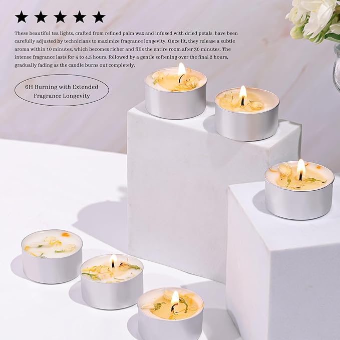 LAMORGIFT 48 Count Jasmine Scented Tealight Candles, 6H Long Burning with Dried Flowers, Non-Toxic/Smokeless, Palm Wax Based, Perfect for Spa, Bath, Wedding