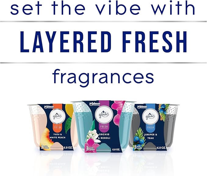 Glade 3-Wick Scented Candle Jar, Yuzu & White Peach, Air Freshener Infused with Essential Oils, 6.8 Oz, 3 Count