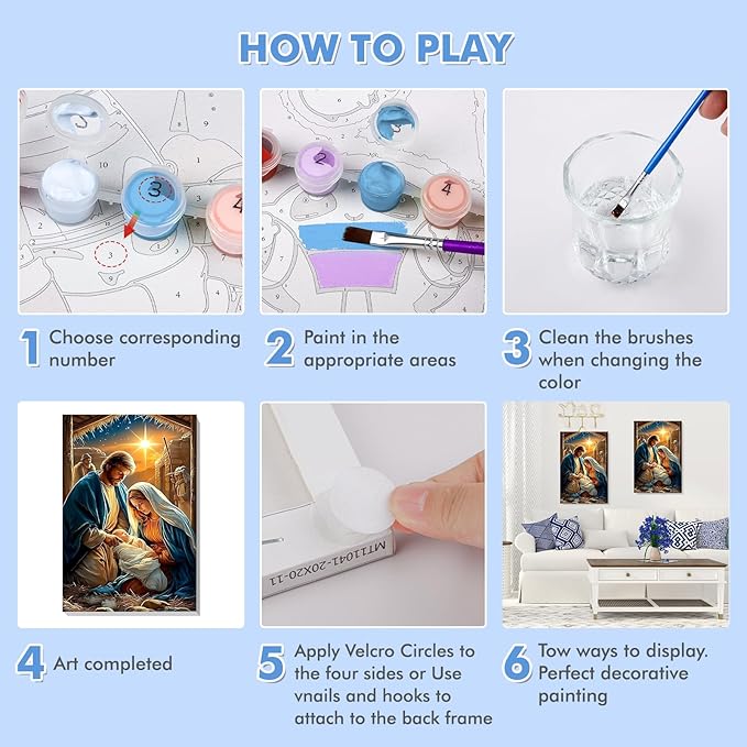 Bowetile Nativity Scene Paint by Numbers for Adults Beginners Framed, Adults' Paint-by-Number Christmas Kits on Canvas, Acrylic Number Painting Christmas Gifts for Home Wall Decor, 8x12in