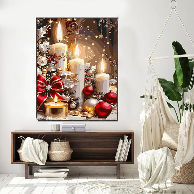 Meothan Christmas Paint by Bumbers for Adults Xmas Candles DIY Paint by Numbers Acrylic Paint Canvas Winter Painting Art Kits for Home Decor and Gifts 16x20 Inch (Without Frame)