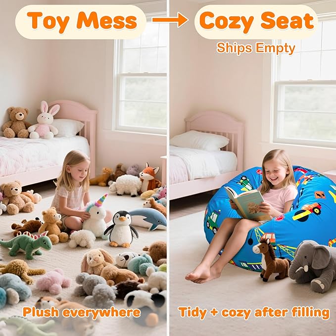 Lukeight Stuffed Animals Storage Bean Bag Chair Cover Only (Ships Empty, No Filling) - Velvet YKK Zipper Beanbag Cover for Big Kids Teens, Washable Plush Toy Organizer, XX-Large 36" D x 20" H