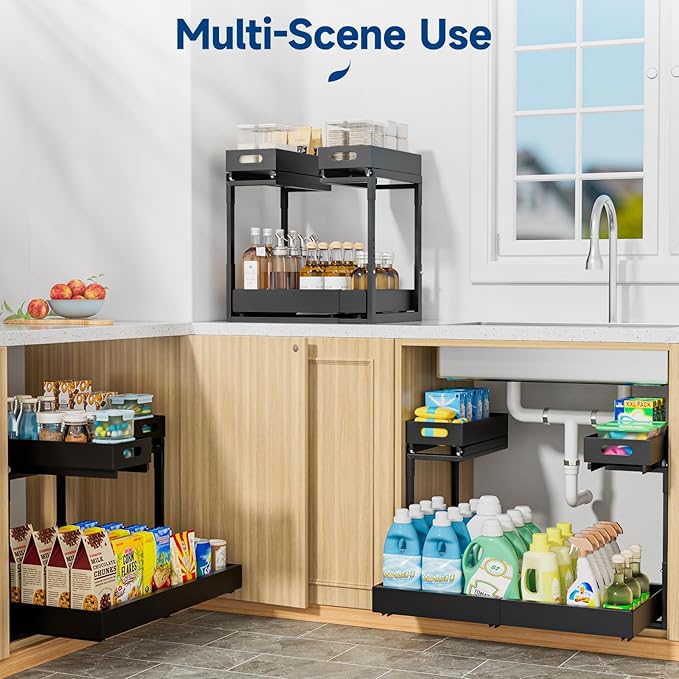 Upgrade Expandable Under Sink Organizer, Insputer 2 Tier Metal Under Cabinet Storage with 3 Slide Rails, Height Adjustable, Thickened Pull Out Drawer Shelf for Bathroom, Kitchen, Laundry, Pantry