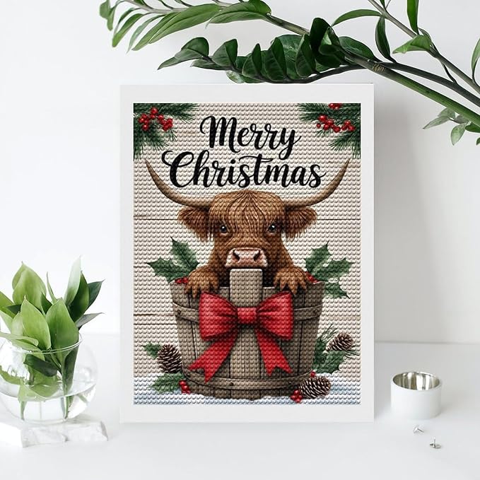 AIVKIEJK Diamond Painting Kits for Adults - Highland Cow Merry Christmas Painting DIY 5D Full Drill Diamond Dots Paintings with Diamonds Gem Art and Crafts Home Decor 12"x16"