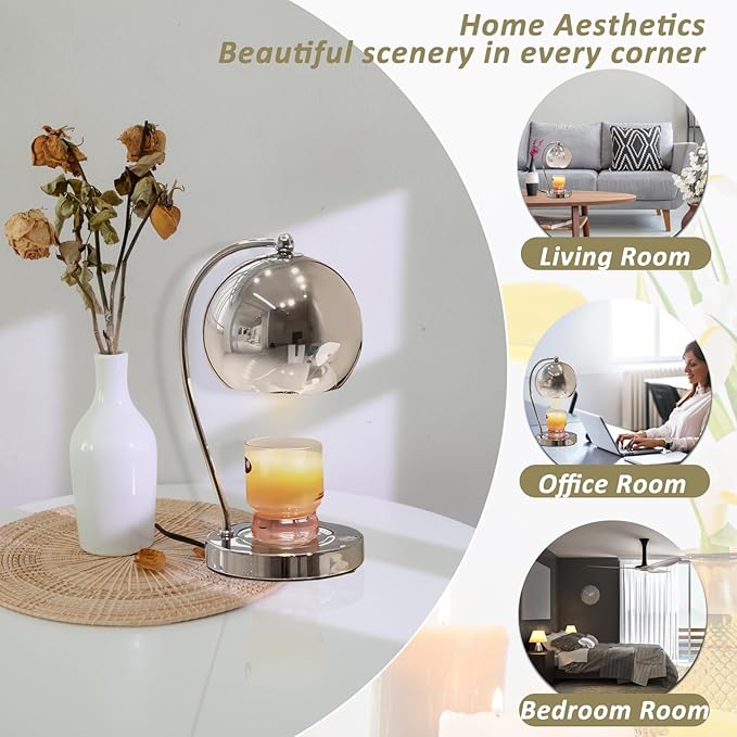 Candle Lamp Warmer, Wide Base Scented Candle Warmer with Timer and Dimmer, Modern Candle Melting Lattern, Home Decor Table Lamp (Silver)