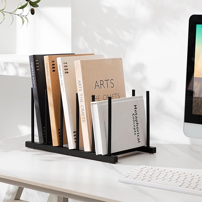 HBlife Black Desk File Organizer 5 Section Vertical File Sorter, 1 Pack Bamboo Binder & Folder Holder for Home, Office & School