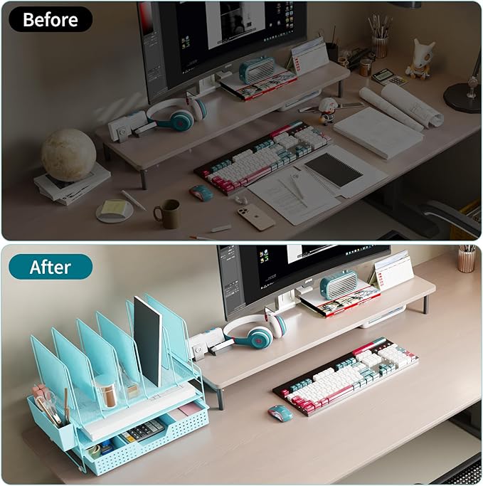 LEKETREE Blue Desk Organizer, Office Organization with Vertical File Holder, File Organizer with Drawer and Pen Holder, Desk Accessories and Workspace Organizers for Home Office (Sky Blue)