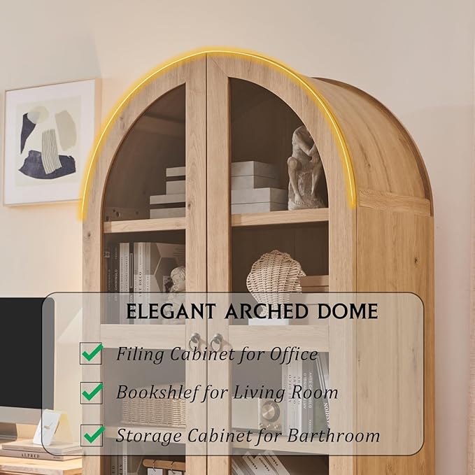 IFBUY 71" Tall Arched Bookshelf, 4-Tier Bookcase with Glass Doors and Shelves, Wooden Display Cabinet w/2 Large Storage Drawers, Modern Farmhouse Versatile Bookshelf for Living Room, Bedroom, Natrual