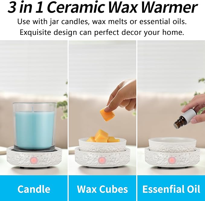 nawaza Ceramic Wax Melt Warmer Fragrance, 3 in1 Electric Candle Wax Warmer, Scented Wax Melt Wax Cubes Melter Fragrance Warmer for Home,Office, Birthday Gifts for Women Mom(White-01)