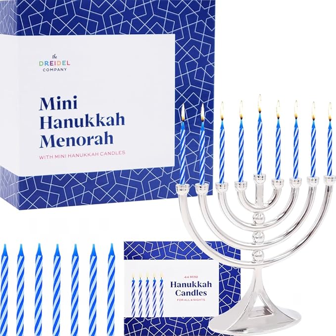 The Dreidel Company Hanukkah Silver Mini Menorah with Candles Classic 5 inch Great for Travel, Hanukkah Decor Centerpiece