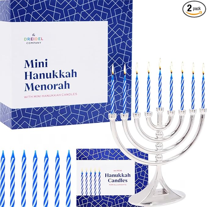 2-Pack Hanukkah Silver Mini Menorah with Candles Classic 5 Inch Great for Travel, Hanukkah Decor Centerpiece