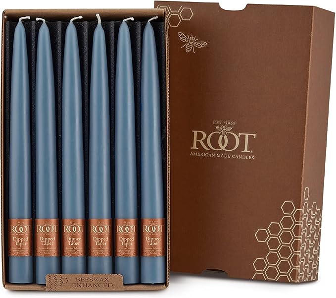Root Candles Unscented Dinner Candles Premium Beeswax Blend Boxed Candle Set, 9-Inch, Williamsburg Blue, 12-Count