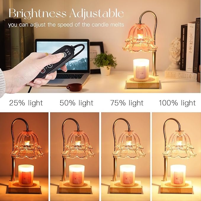 Candeldo Candle Warmer Lamp with Timer: Pink Flower Candle Warming Lamp with 2 Bulbs Height Adjustable Wax Warmer Dimmable Bedroom Mothers Day Decor Gift for Women