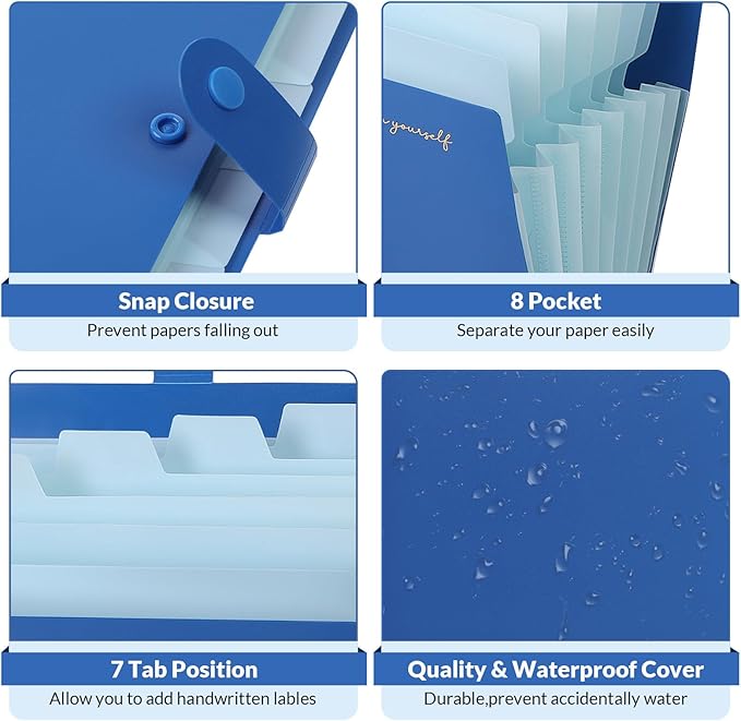 SKYDUE Expanding File Folder, Accordion File Organizer with 8 Pocket, Expandable Document Paper Receipt Holder for School Office Hospital, Letter/A4 Size Blue