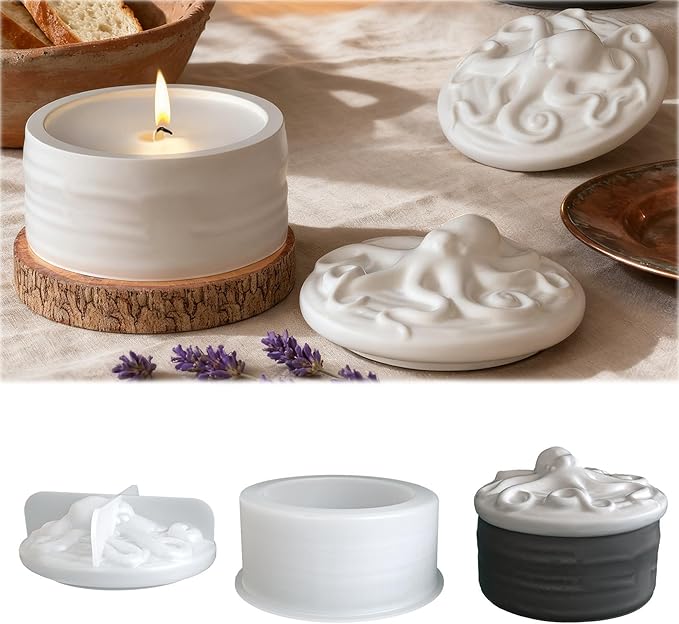 Octopus Jar Silicone Mold with Lid for DIY Aromatherapy Candle, Resin Epoxy Storage Container, Cement Plaster Craft - Cylinder Trinket Box, Handmade Gift Craft Kit with Cylinder Box Mold