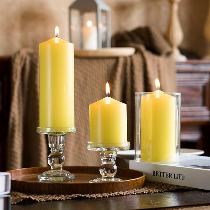 MOZEAL 3" x 4" Hand-Poured Unscented Yellow Pillar Candles,Dripless Candles Set of 3,Smokeless,Clean Burning,Approx 60 Hours Burn Time,Wedding,Spring,Christmas and Home Decor（3 Inch Width Series）