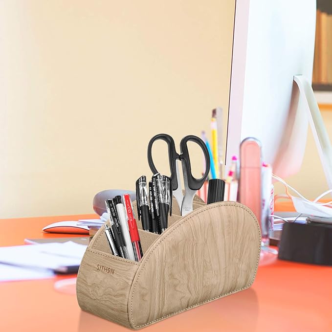 SITHON Remote Control Holder with 5 Compartments - PU Leather Remote Caddy Desktop Organizer Store TV, DVD, Blu-Ray, Media Player, Heater Controllers, Woodgrain Khaki