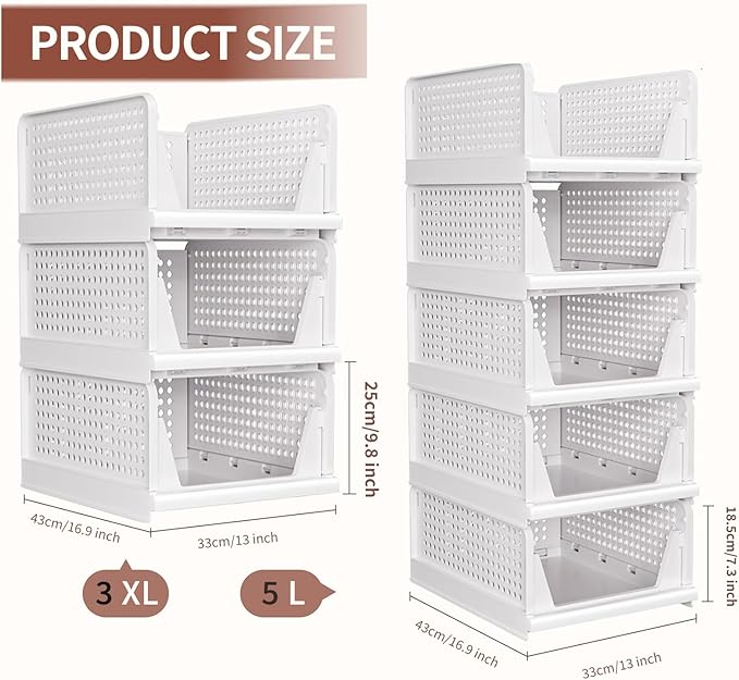 3 Pack Stackable Closet Organizer, Folding Closet Container, Plastic Storage Basket White Pull Out Shelves