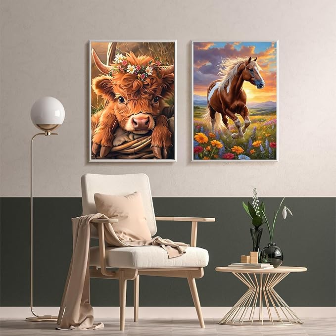 Meothan Diamond Art Kits for Adults, 2 Pack Diamond Painting Kits for Adults, 5D Full Round Drill Paint with Diamond Dots Art Crafts Kits for Home Wall Decor 12x16 Inch Highland Cow and Horse