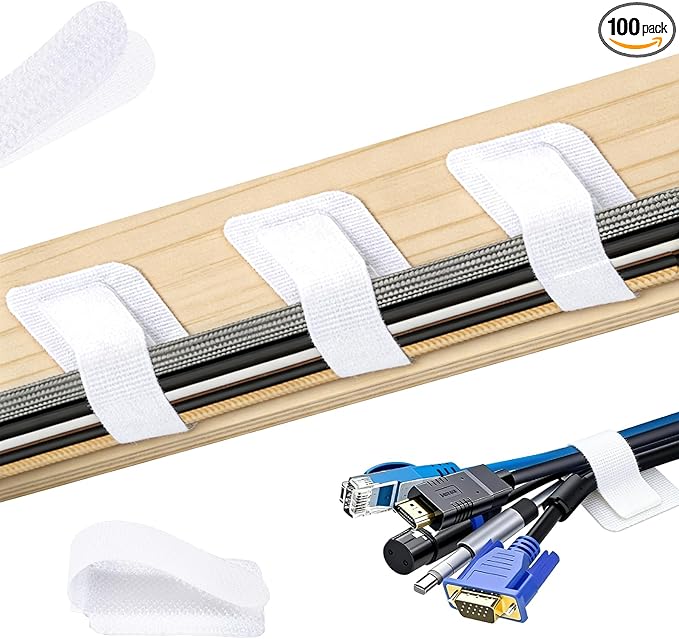 100 Pcs Hook and Loop Cable Ties, Self Adhesive Cable Management Desktop Cable Straps, Adjustable Cord Organizer for Desk Home Office Organization (White)