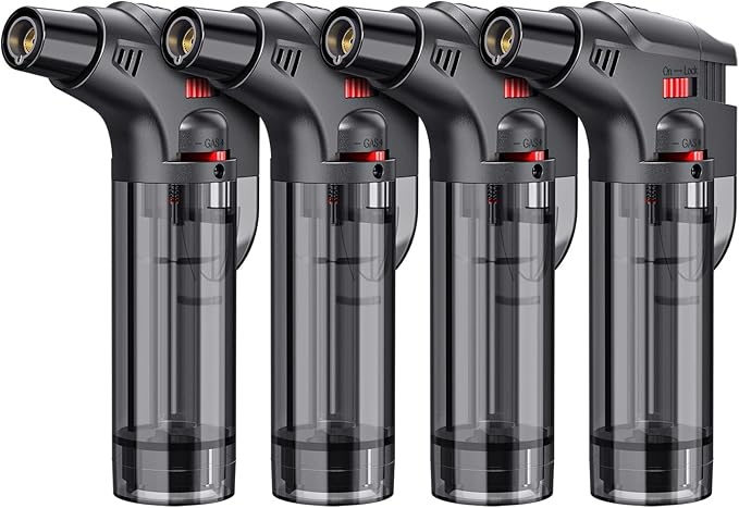 Torch Lighters, 4 Pack, Butane Refillable Jet Flame Torch Lighter, Windproof, Safe, Multi Utility Lighter for Candles, Fireplaces, Campfires, Grill (Without Butane)