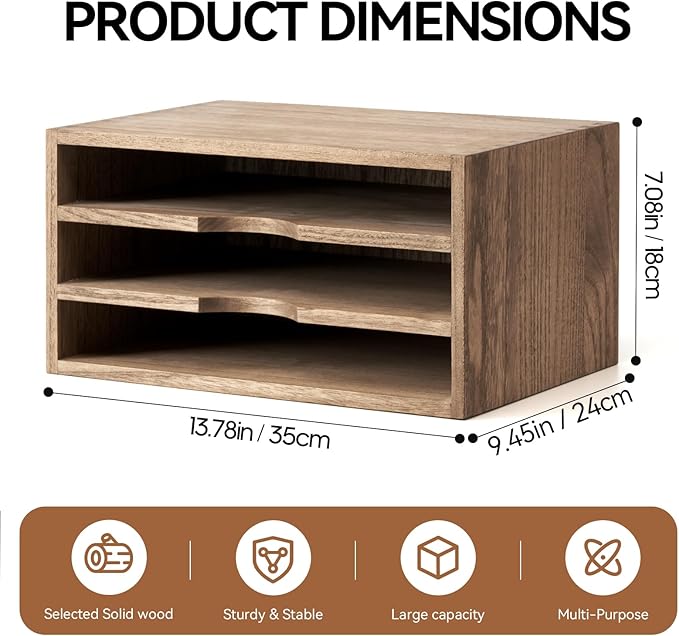 KIRIGEN Wooden Desktop Organizer Paper Storage Letter Tray File Sorter with 3 Layer Trays - Desk Rack Magazine File Dividers Holders for Home Office Accessories Dark Brown (3KWJG-DBR)