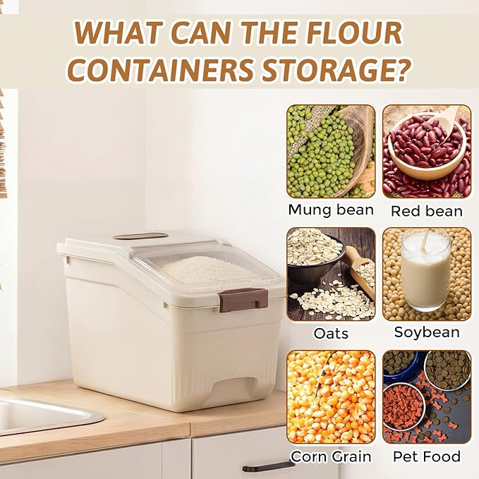 4 Pack Large Rice Storage Containers 30 Lbs Airtight Flour Container with Seal Locking Lid and Measuring Cup Kitchen Dry Food Storage Bins for Cereal Sugar Beans(Butter Yellow)