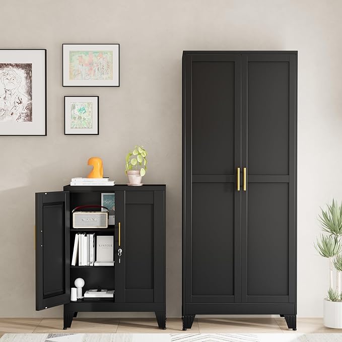 Black Metal Storage Cabinet, 36" Tall Locking Storage Cabinet with 2 Adjustable Shelves, Steel Locker Organizer, for Office, Home, School, 11.81" D x 23.62" W x 35.83" H, 2PS