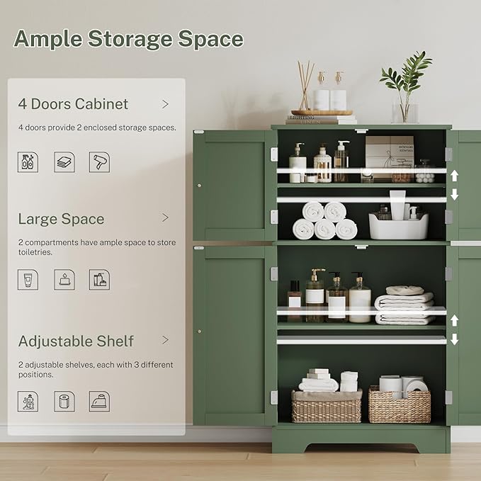TEENFON Bathroom Cabinet, Narrow Bathroom Storage Cabinet with 5 Adjustable Shelves & Drawer, Freestanding Cupboard for Small Spaces, Green