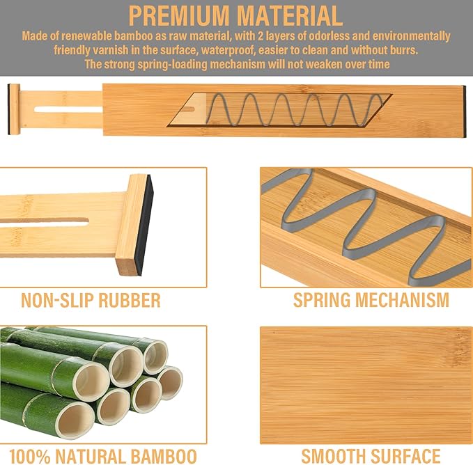 Bamboo Drawer Dividers,Kitchen Drawer Dividers Adjustable,Expandable Drawer Dividers Organizer for Kitchen large Utensils, Dressers Bathroom,Clothes,Office,Drawer Organization Separators(17.7-22 in)
