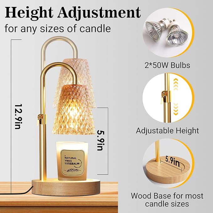Hyrion Candle Warmer Lamp with Timer Dimmer, Adjustable Height Wax Warmer for Scented Jar Candles, Flameless Candle Melter with 2 Bulbs, Perfect Housewarming, Birthday Gifts for Women, Mom, Home Decor