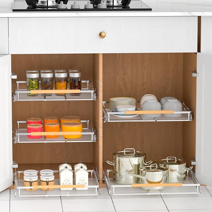 Pull Out Drawer Cabinet Organizer, Expandable Slide Out Storage Shelves - Heavy Duty, Durable and Smooth Slide-Out, 12.3"~18.3" Wide x 22.5" Deep, 2 Pack