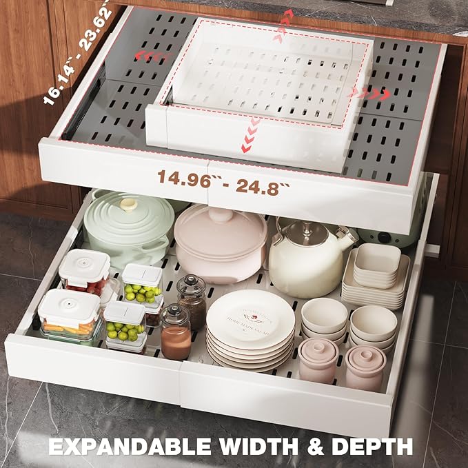 2 Pack Pull Out Cabinet Organizer Expandable Width(15"-25") and Depth(17"-24"),Slide Out Drawers With Raising Pad for Framed Cabinets,No Drill Roll Out Shelves for kitchen,Bathroom,White