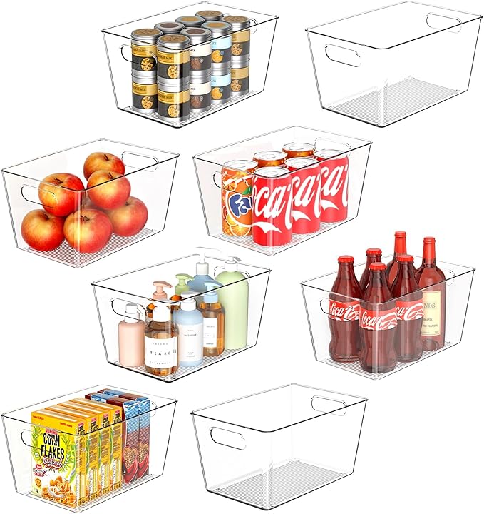 8 Pack Large Clear Plastic Storage Bins, Refrigerator Cabinet Organizers with Handles for Pantry Organization and storage, Perfect for Home Organization, Kitchen, Laundry, Office& Garage
