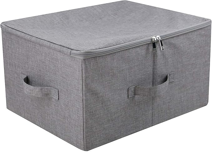 iwill CREATE PRO Folding Storage Box with Zip Lid and Handles, Rigid Storage Baskets With Linen Fabric& Plastic Board, Closet Shelf Drawers,Dark Gray, 2 pcs
