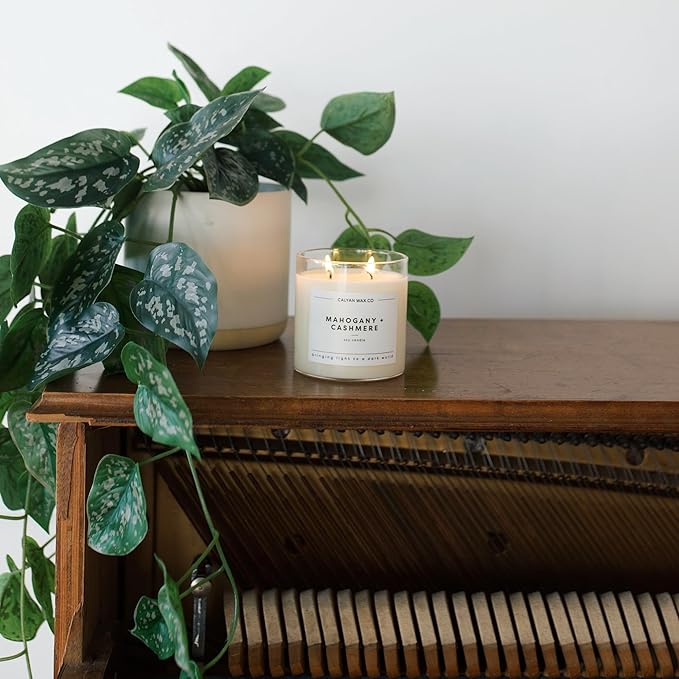 Calyan Wax Co. Mahogany & Cashmere 2 Wick Scented Candle - 37 Hour Burn - Luxury Non Toxic Soy Wax Candles - Long Lasting Large Glass Jar Candle for Home - 8.8oz
