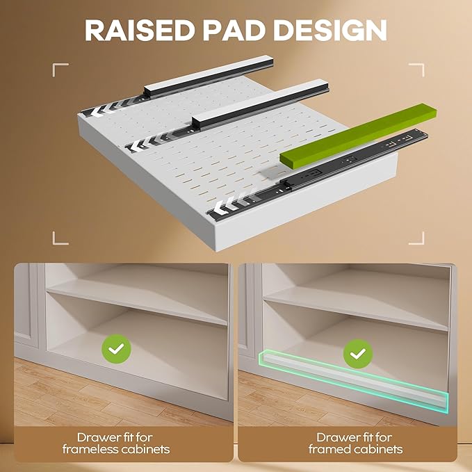 Seinloes 2 Pack Pull out Cabinet Organizer 21" Deep With Raising Pad for Framed Cabinets,Expandable (15.2"-26.3"W) Slide out Drawers for Kitchen Cabinets with 4pcs Divider Racks,Roll out Shelves,White