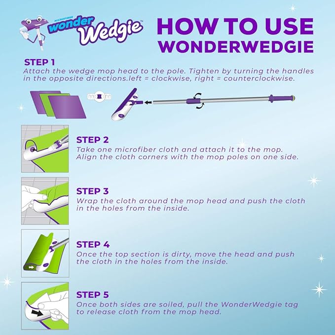 Powerizer: WonderWedgie Microfiber Mop Cleaning System - Mop for Floor Cleaning and More - Includes Raised Wedge Mop Head, 3 Microfiber Cleaning Cloths, Telescoping Pole, and Wall Mount Organizer