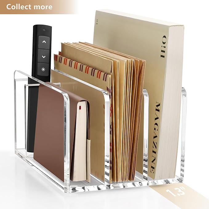 SANRUI Acrylic Mail Organizer, 3 Compartments Clear File Holder for Desk, Letter Sorter with Pen Holder, Countertop Document Sorter for Notebooks, Bills & Eyeshadow Palettes