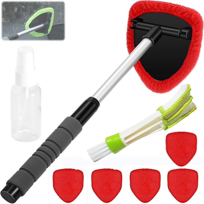 IBHOO Glass Defogger Brush for Car, Microfiber Car Windshield Cleaning Tool with Extendable Handle, with 4 Reusable and Washable Microfiber Pads