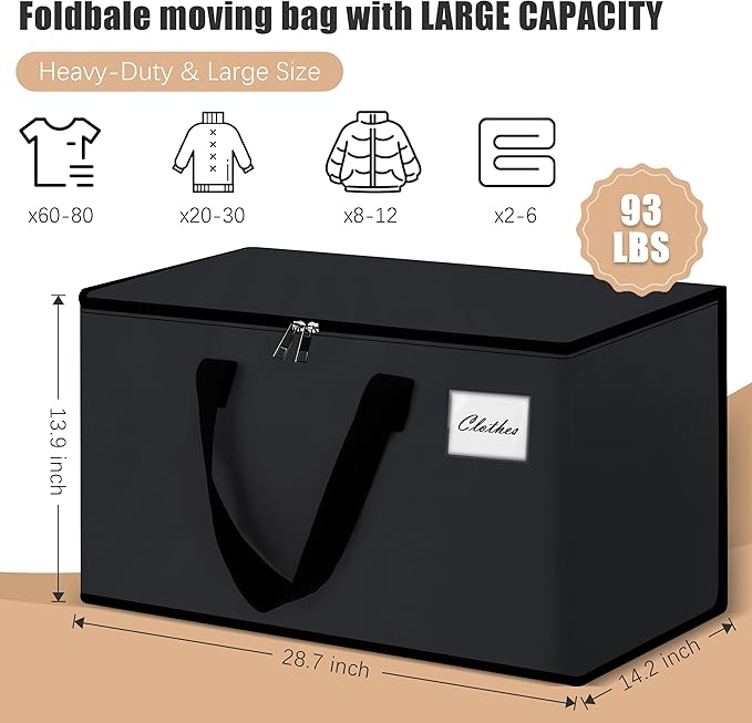 NATURELUX Heavy Duty Moving Bags - Extra Large Packing Bags and Storage Totes, Collapsible and Foldable Option for Moving and Storage, Black, 93 L - 6 Pack