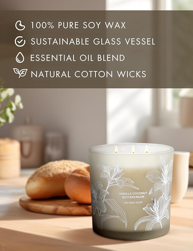 Vanilla Coconut Buttercream Candle, 14.5oz Large 3-Wick Soy Scented Candles for Home, Vanilla Cupcake Candle, Long Lasting Aromatherapy Candle, Gift for Mom Women