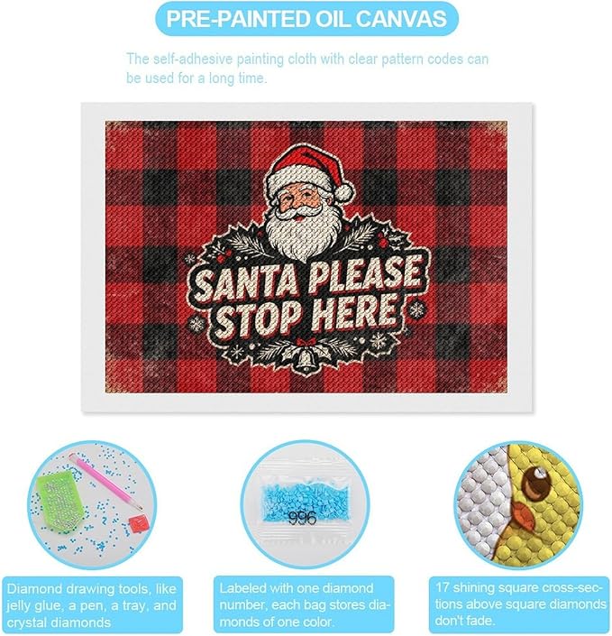 AIVKIEJK Diamond Painting Kits for Adults - Christmas Santa Please Stop Here Painting DIY 5D Full Drill Diamond Dots Paintings with Diamonds Gem Art and Crafts Home Decor 8"x12"