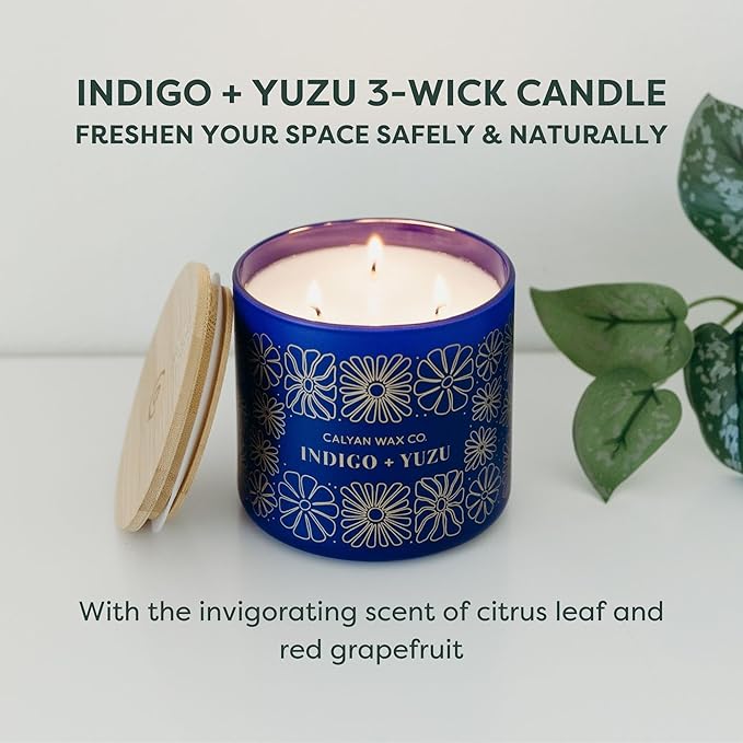 Calyan Wax Co. Indigo & Yuzu 3 Wick Scented Candle - 43 Hour Burn - Luxury 3 Wick Soy Candles - Non Toxic Soy Wax Candles - Long Lasting Large Glass Jar Candle for Home - 14.9oz