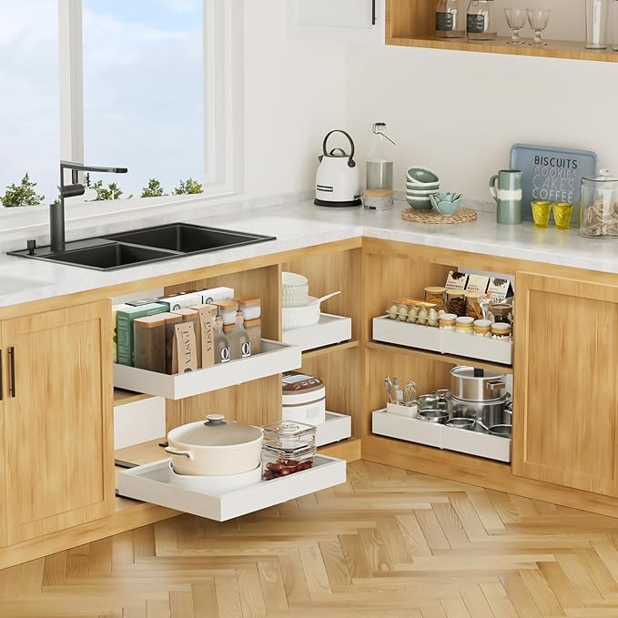 1Pack Expandable Pull Out Cabinet Organizer 16.5"Deep, Adjustable Width 12.2"-20.4" Slide Out Drawers & Roll Out Shelves for Kitchen Cabinets, Easy Install with Double-Sided Adhesive, White